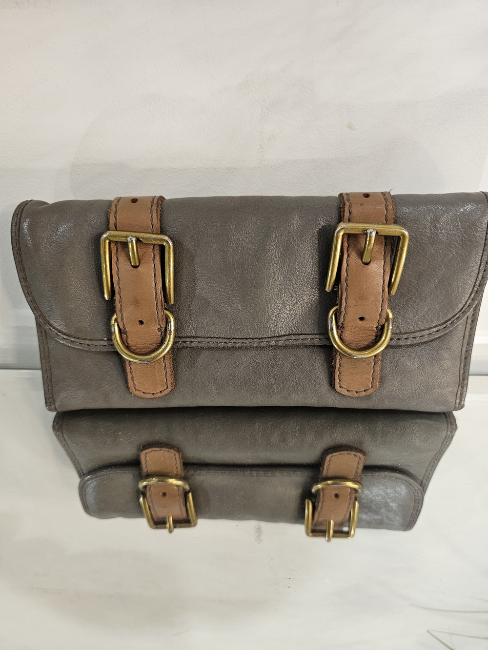 Fossil Gray  Genuine Leather Roll Wallet with Tan Buckle Straps